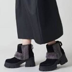 UGG Plush NWOT‎ Brooklyn Sunburst Black/Gray Wool Blend Fur Trim Boot Sz 11